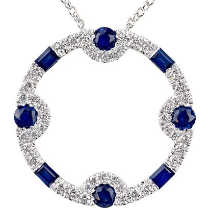 18k white gold baguette and round brilliant cut sapphires pendant