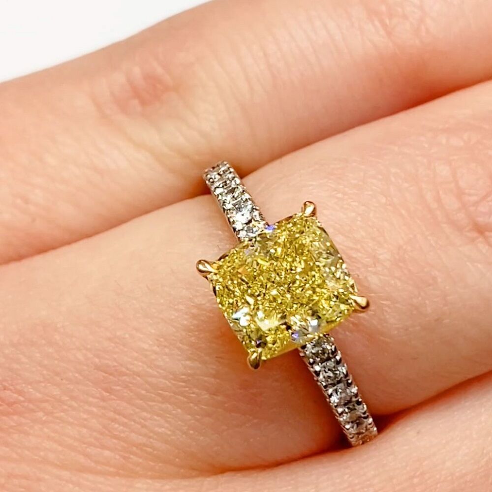 Yellow diamond cushion cut solitaire ring